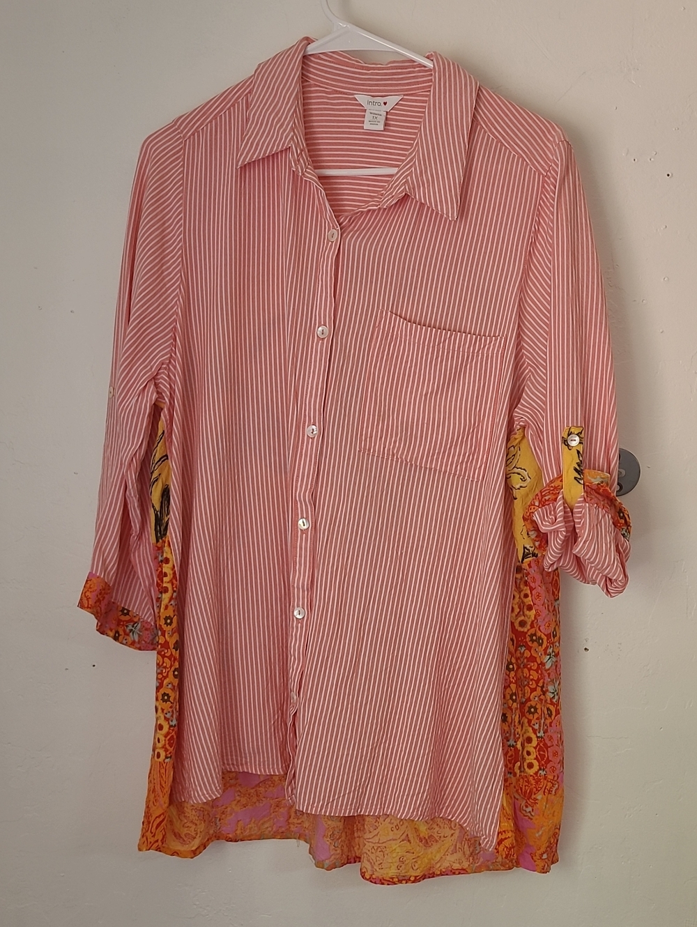 intro. Pink White Striped Button-Down Shirt with Orange Floral Trim